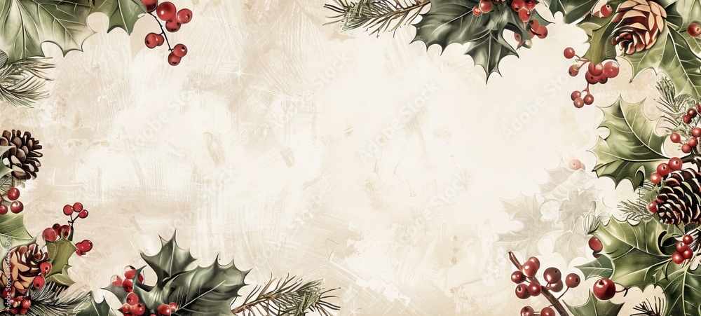 custom made wallpaper toronto digitalChristmas holiday border with holly berries and pine cones on a snowy background. Concept of winter holidays, festive decorations, season's greetings. Abstract background. Copy space. Banner