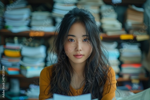 Overworked Asian Businesswoman with Cluttered Desk