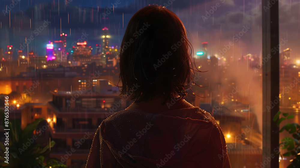 A lonely girl standing in front of a window, looking out at the rainy city lights. A lonely girl standing in front of a window, looking out at the rainy city lights.