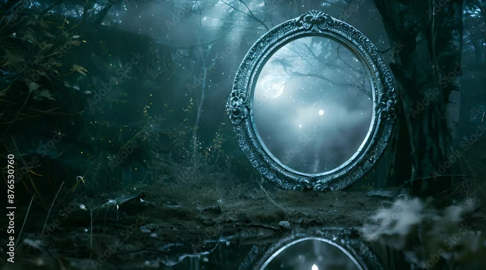 Mysterious mirror in a dark forest reflecting the moon. The concept of magic and mystery.