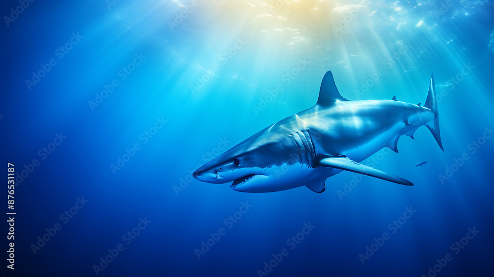 Fototapeta premium Great white shark glides gracefully through the deep blue ocean, sun rays filtering through the water.
