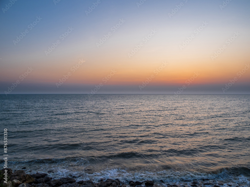 Obraz premium Sunset sea panorama high view landscape horizon beautiful summer season shore nobody wind soft wave cool holiday look calm sky twilight evening day time nature tropical coast ocean water travel