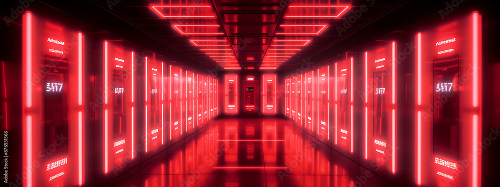 Fototapeta premium Futuristic red glowing neon lights illuminate a sleek modern sci-fi spaceship interior
