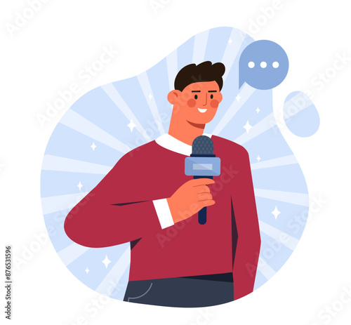 Journalist with microphone. News anchor and reporter. Mass media worker and journalist, broadcast. Correspondent and newcaster with mic. Flat vector illustration isolated on white background