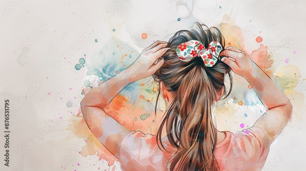 Naklejka premium Young woman tying a bow in her hair, making a hairstyle. Concept of personal grooming, feminine beauty, hair accessories, daily routine. Watercolor illustration