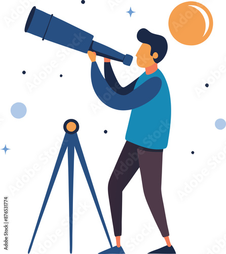 Man Gazing Through Telescope Observing Stars And Planets