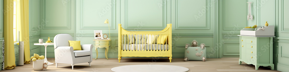 Soft pastel green and yellow nursery with a crib, a changing table, a comfortable armchair and a soft rug on the floor. Soft pastel green and yellow nursery with a crib, a changing table, a comfortable armchair and a soft rug on the floor.