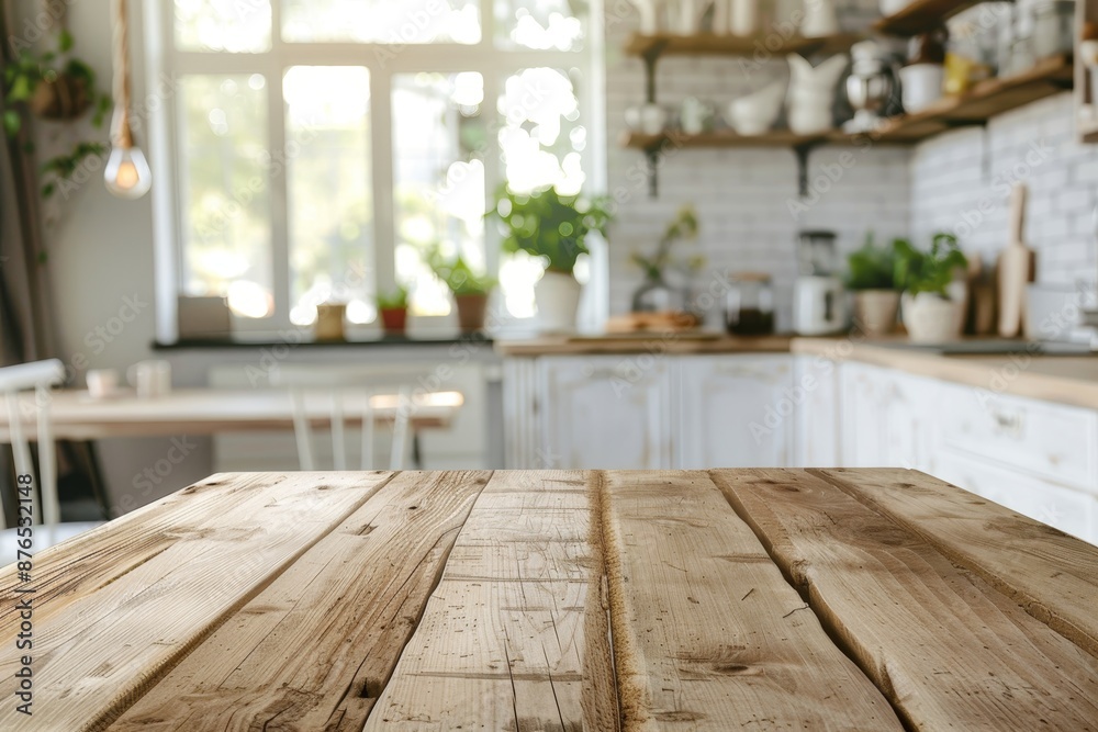 Spacious wooden desk with blurred kitchen background, ideal for home interior decoration Spacious wooden desk with blurred kitchen background, ideal for home interior decoration
