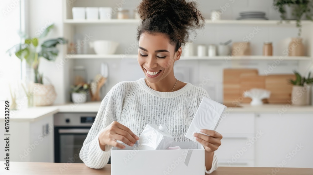 Smiling woman unboxing a package in the kitchen. She looks happy while holding the contents of the box, surrounded by modern kitchen accessories. Smiling woman unboxing a package in the kitchen. She looks happy while holding the contents of the box, surrounded by modern kitchen accessories.