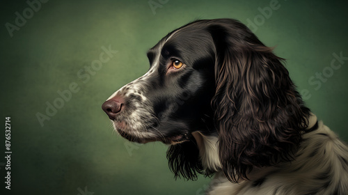 Studio portrait of a hunting springer spaniel dog with a green background