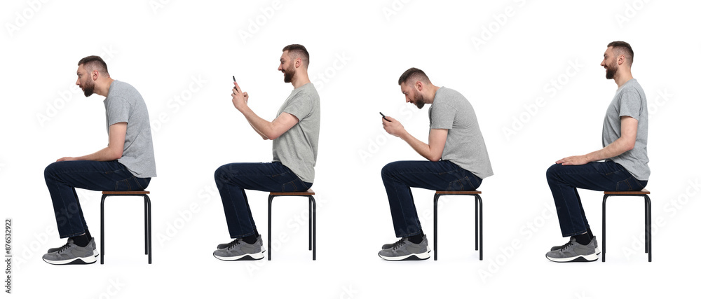 Man with poor and good posture sitting on stool on white background, collage of photos Man with poor and good posture sitting on stool on white background, collage of photos
