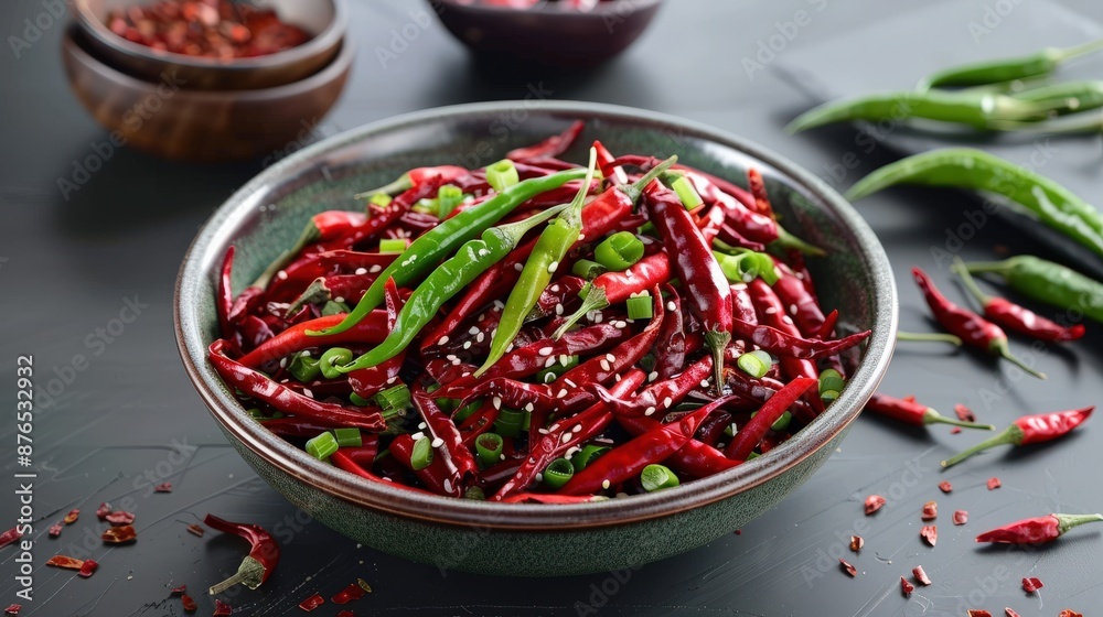 Spicy and colorful chili salad served in a bowl. Garnished with green onions and sesame seeds. Fresh and vibrant ingredients. Spicy and colorful chili salad served in a bowl. Garnished with green onions and sesame seeds. Fresh and vibrant ingredients.