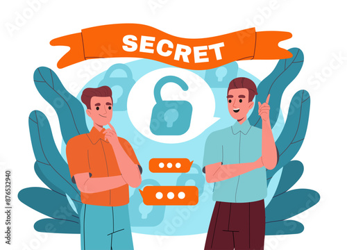 Man tells secret. Young guy tells his friend secret information and knowledge. Students discuss rumors and gossip. Chatting and discussion. Flat vector illustration isolated on white background
