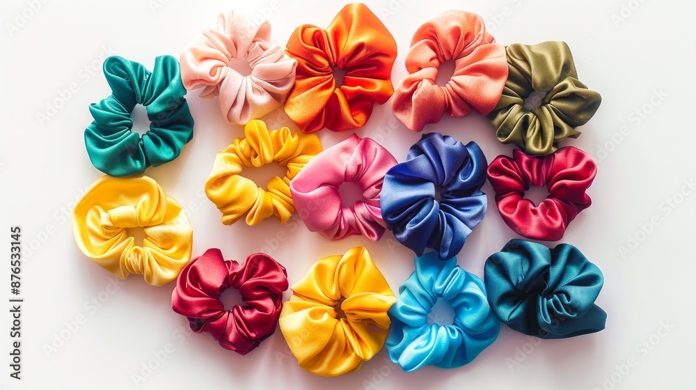 Colorful silk hair scrunchies on white background. Concept of fashion accessories, beauty products, hairstyle tools Colorful silk hair scrunchies on white background. Concept of fashion accessories, beauty products, hairstyle tools