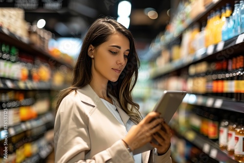 Consumerism  woman with tablet in market, alcohol store supervisor, logistics businesswoman photo