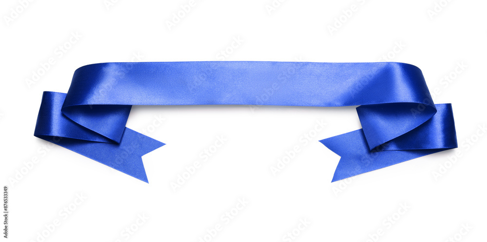 Fototapeta premium Blue satin ribbon isolated on white, top view. Space for text