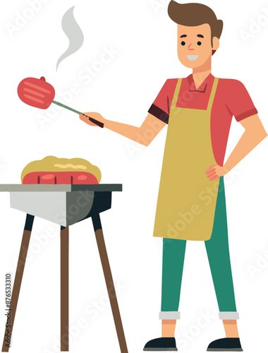 Man Grilling Sausages on Barbecue with Apron