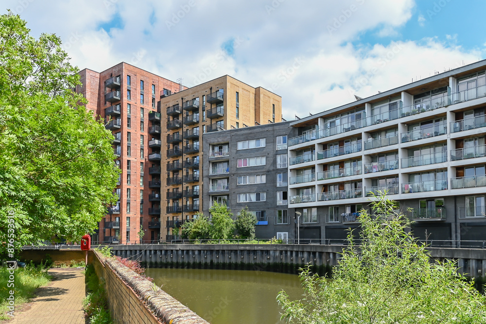 Modern accommodation in Barking along River Roding: London, UK, 24 May 2024 Modern accommodation in Barking along River Roding: London, UK, 24 May 2024