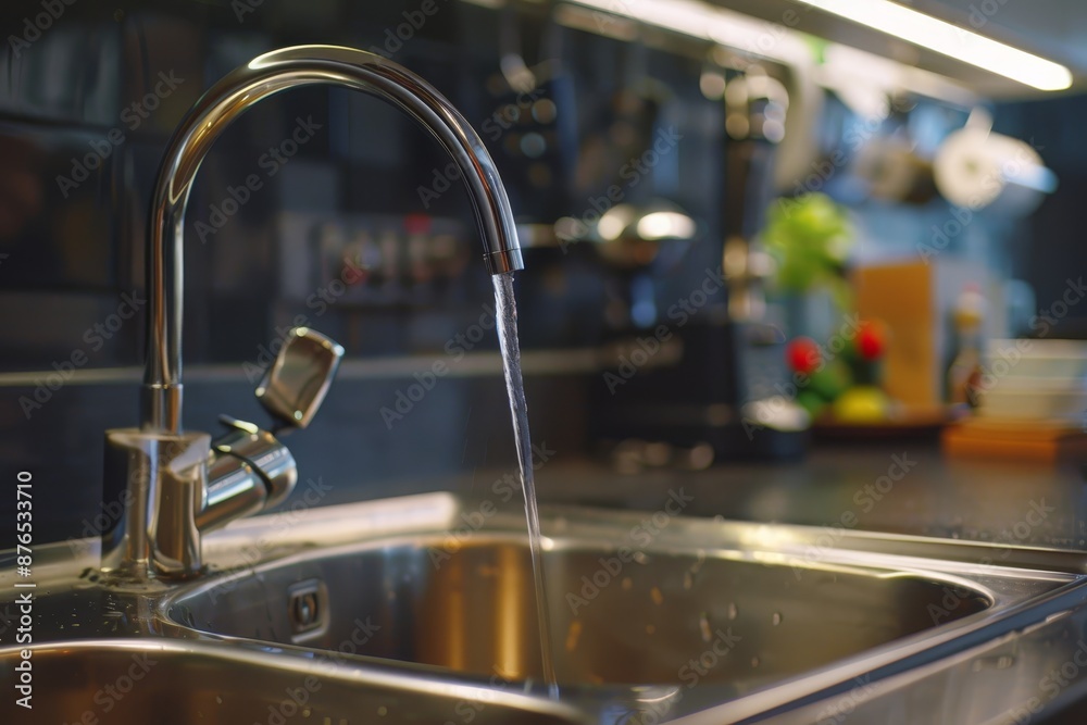 Modern kitchen faucet with running water in stylish home for sustainable resource consumption Modern kitchen faucet with running water in stylish home for sustainable resource consumption