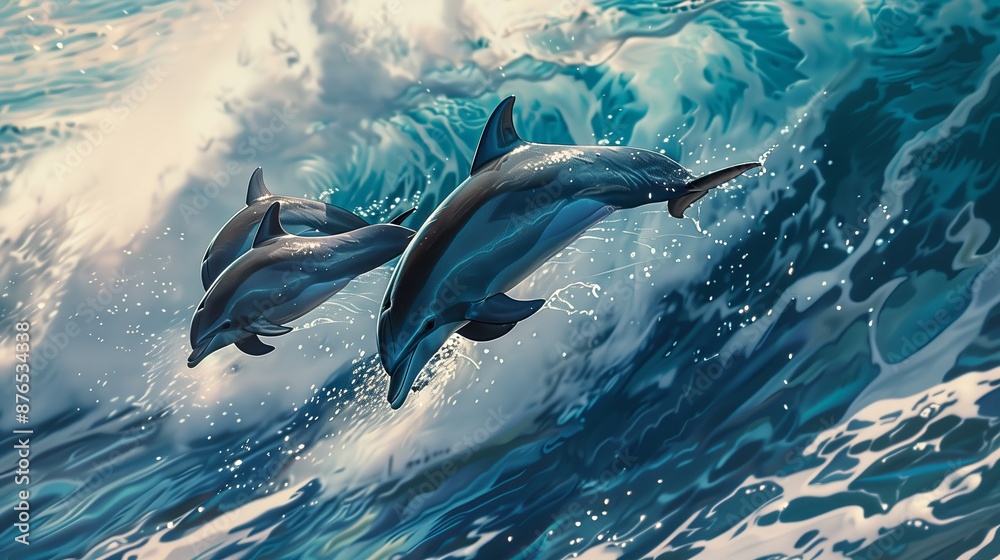 Fototapeta premium Dolphins leaping gracefully from ocean waves create a mesmerizing scene against the sunlit sea.