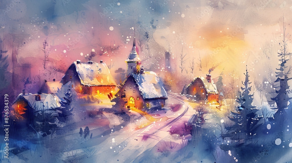 Watercolor winter village scene with snowy landscape and glowing houses at dusk. Concept of winter season, artistic illustration, cozy village, Christmas time