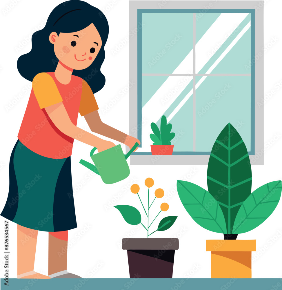 Woman Watering Indoor Plants Next to a Window Woman Watering Indoor Plants Next to a Window