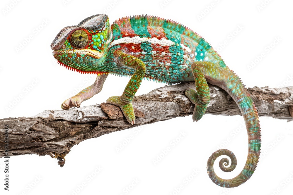 Fototapeta premium Full body view of Chameleon on an old wooden branch, isolated on white background