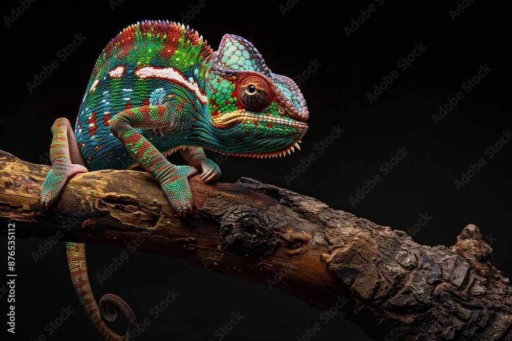 Fototapeta premium Full body view of Chameleon on an old wooden branch, isolated on black background
