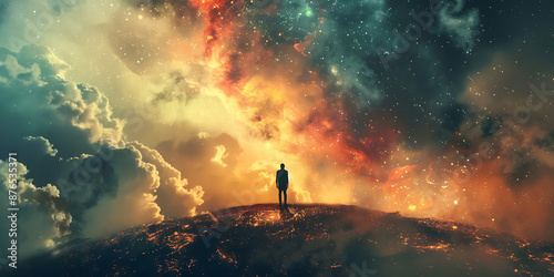 The image is a surreal landscape with a man standing on a hill looking out over a vast, colorful, and dynamic sky full of stars, clouds, and galaxies.