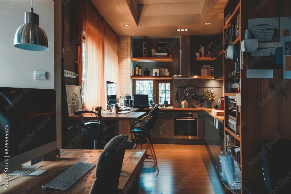 Cozy brown desk space in close proximity to the kitchen area for a seamless workflow at home
