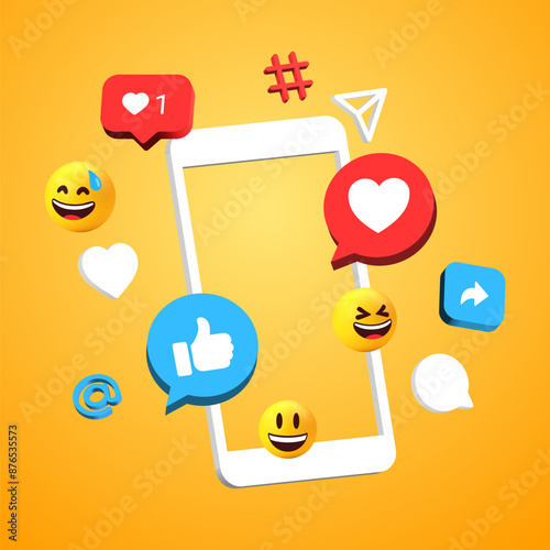 Mobile phone with heart like in 3d speech bubble icon. social media background digital marketing, communication concept, notification like icon buttons - 3d modern smartphone. smiley emoticon emoji