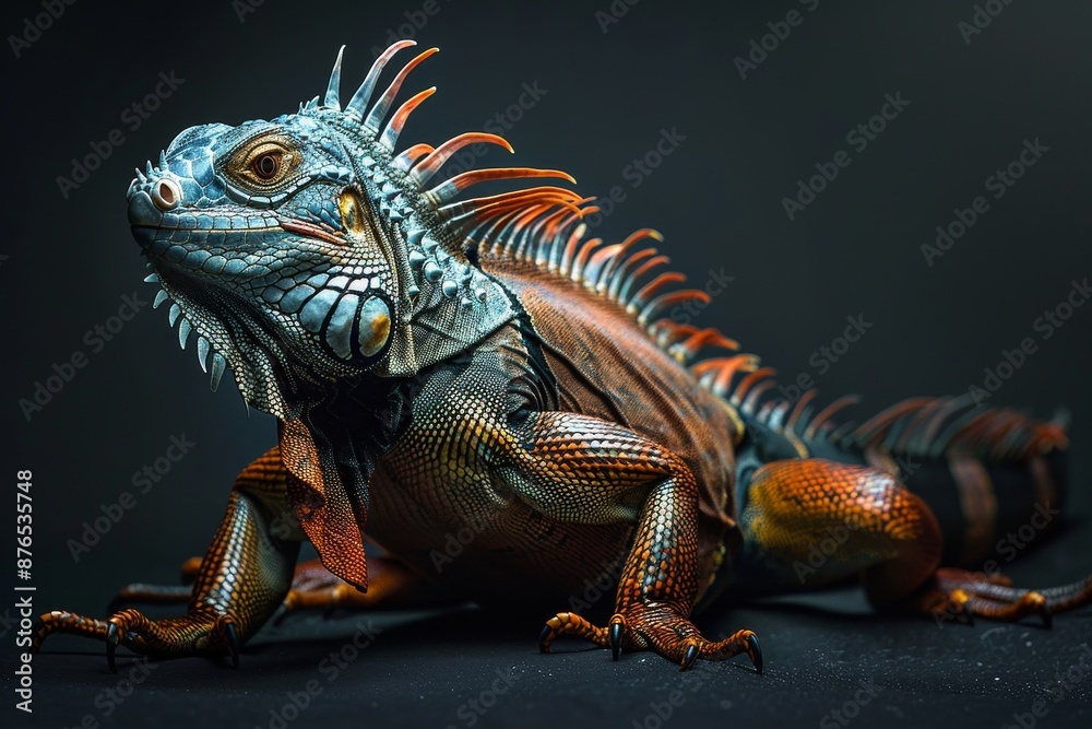 Full body view of iguana, isolated on dark background, full body shot, full body View Full body view of iguana, isolated on dark background, full body shot, full body View