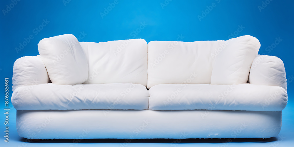 Fototapeta premium White sofa covered with long curly sheep wool against blue background