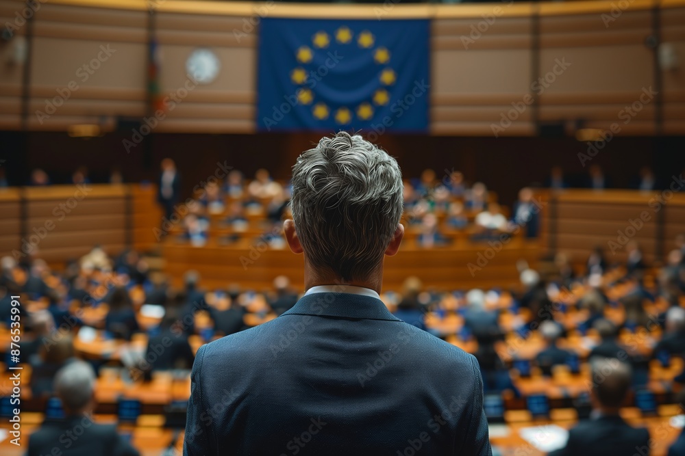 Fototapeta premium EU Parliament Back View Image: Unrecognizable Politicians and EU Flag