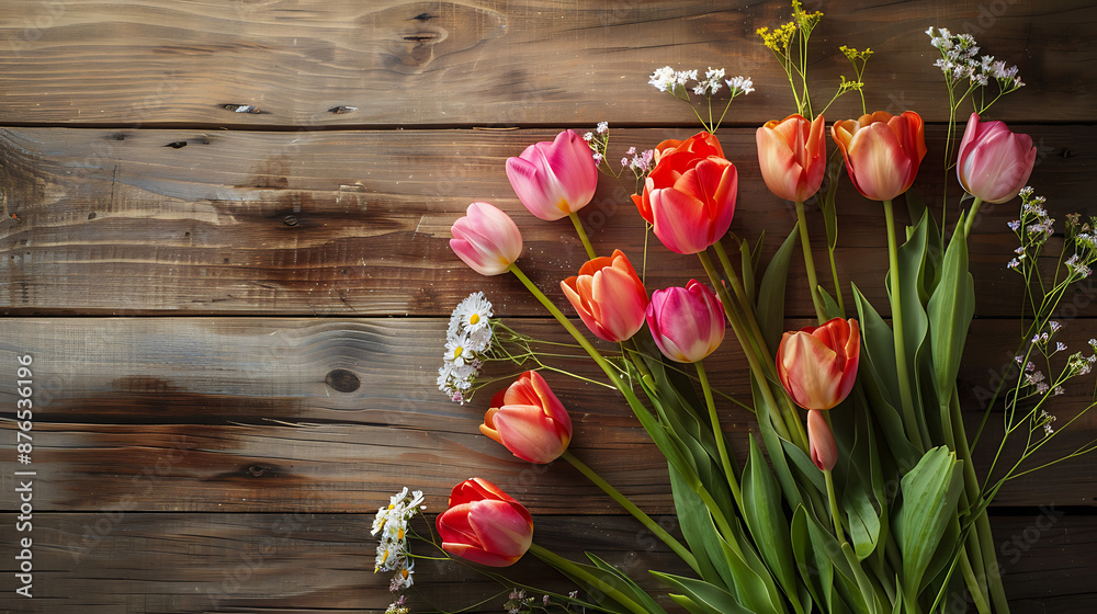 vibrant tulips and daisies lay on a rustic wooden background vibrant tulips and daisies lay on a rustic wooden background