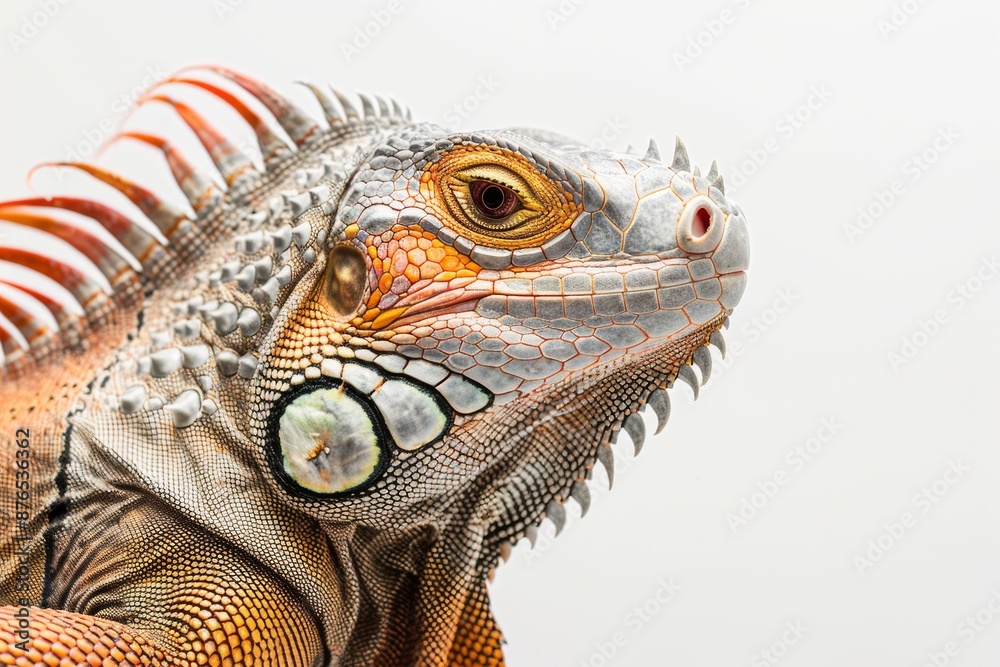 Fototapeta premium the beside view The Iguana, left side view, low angle, white copy space on right, 