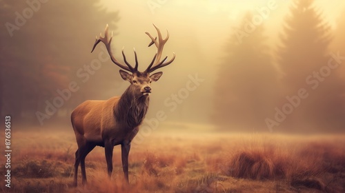 A graceful deer stands serenely in a misty clearing, sunlight piercing through trees, illuminating the scene.