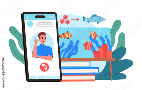 Online consultation about fish. Man on smartphone screen near aquarium with fish. Tips and information on Internet. Underwater flora and fauna. Flat vector illustration isolated on white background
