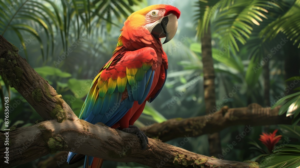 Obraz premium A vibrant parrot with shimmering feathers perches on a tree branch, adding color to the lush rainforest.