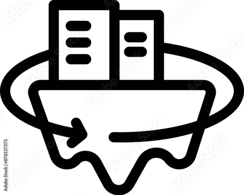 Line art icon of arrow circling buildings over melting foundation representing unstable market