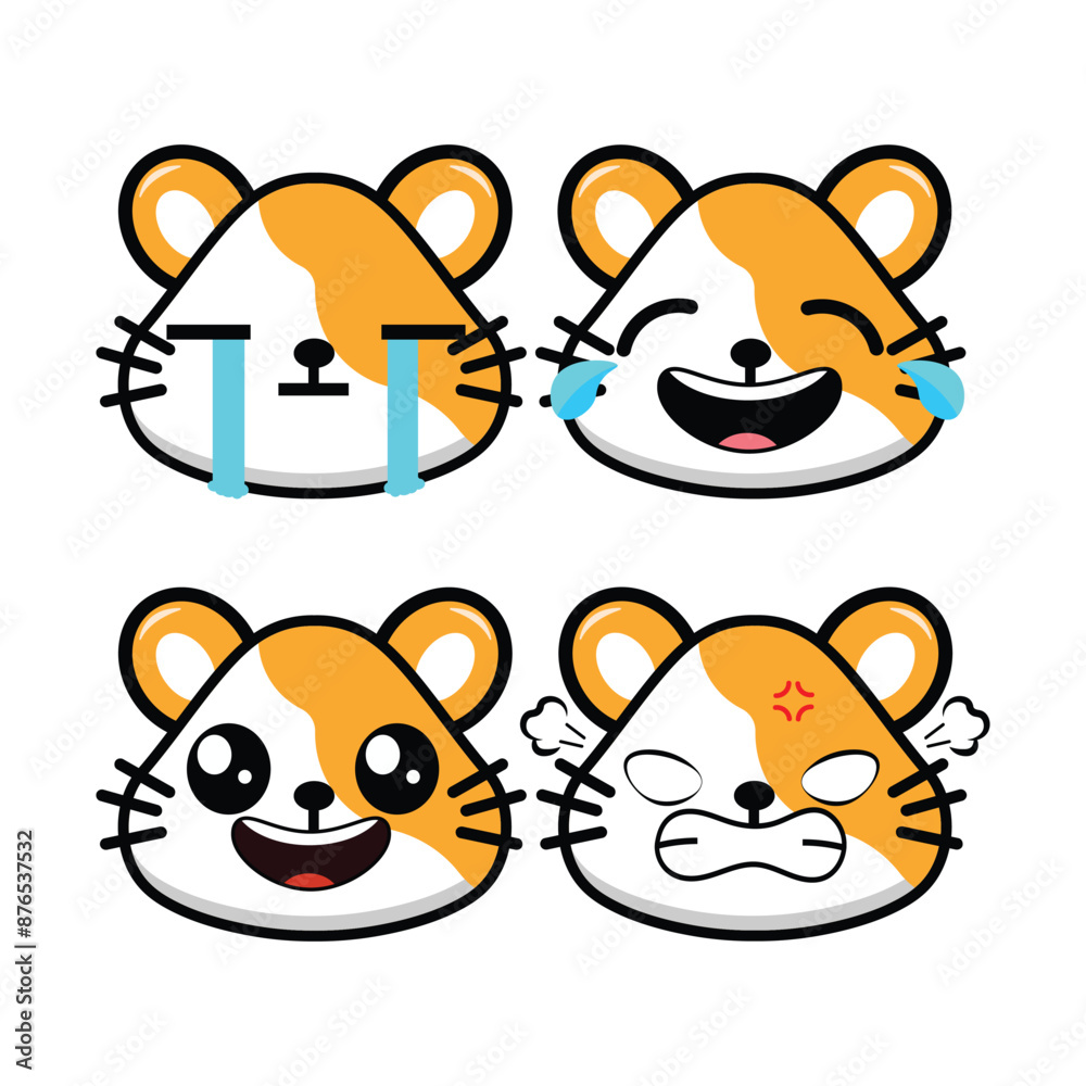 Obraz premium Vector set of cute hamster emoji faces with various expressions. Isolated on white background