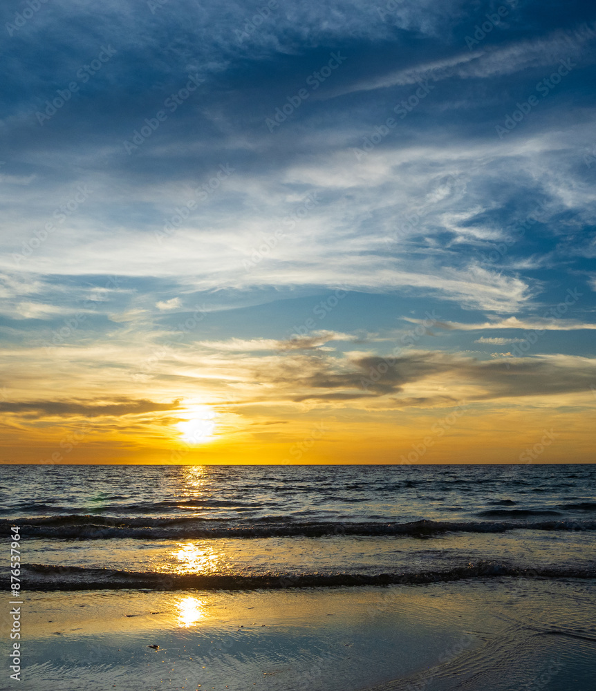 Obraz premium Vertical landscape sunset look view horizon summer sea beach nobody wind soft wave cool holiday calm sky cloud evening day time calm nature tropical beautiful ocean water travel island Thailand