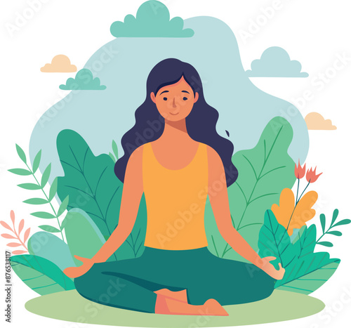Woman Meditating Outdoors Amid Nature and Greenery
