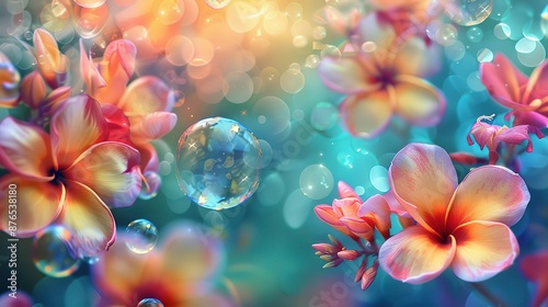 Pink and orange flowers with bubbles floating in a blue background