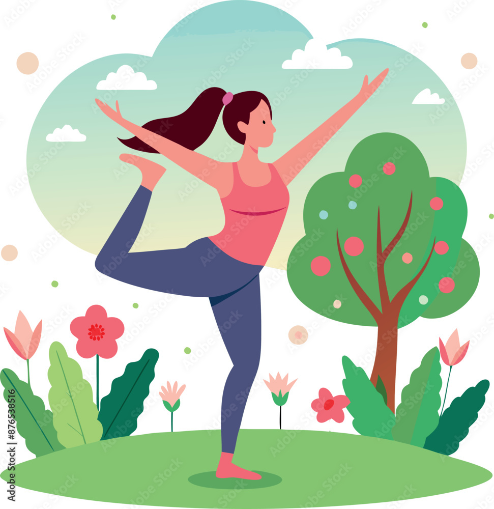 Woman Practicing Yoga in Nature with Tree and Flowers