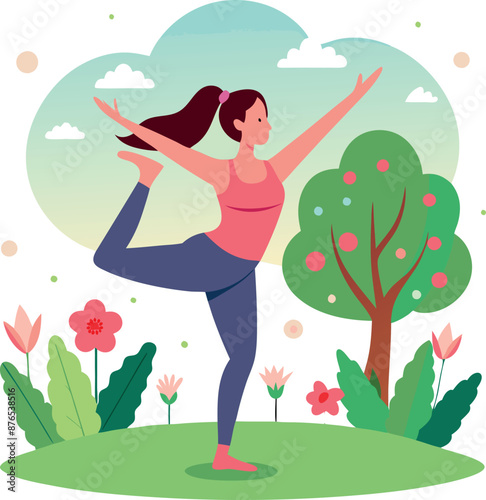 Woman Practicing Yoga in Nature with Tree and Flowers
