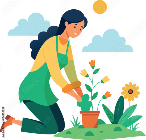 Woman Gardening with Flowers in Sunny Weather