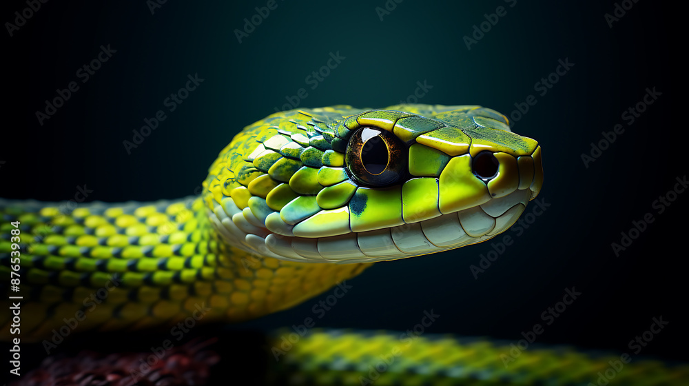 Close-up of vibrant green and yellow snake head.
Close-up of vibrant green and yellow snake head.