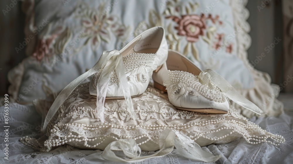 A pair of white wedding shoes with a decorated ribbon lies on a white pillow. Concept of elegance and sophistication A pair of white wedding shoes with a decorated ribbon lies on a white pillow. Concept of elegance and sophistication