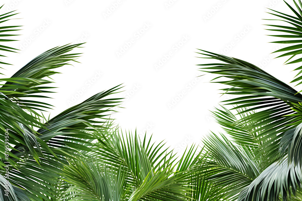 Fototapeta premium Tropical palm fronds frame a white background.